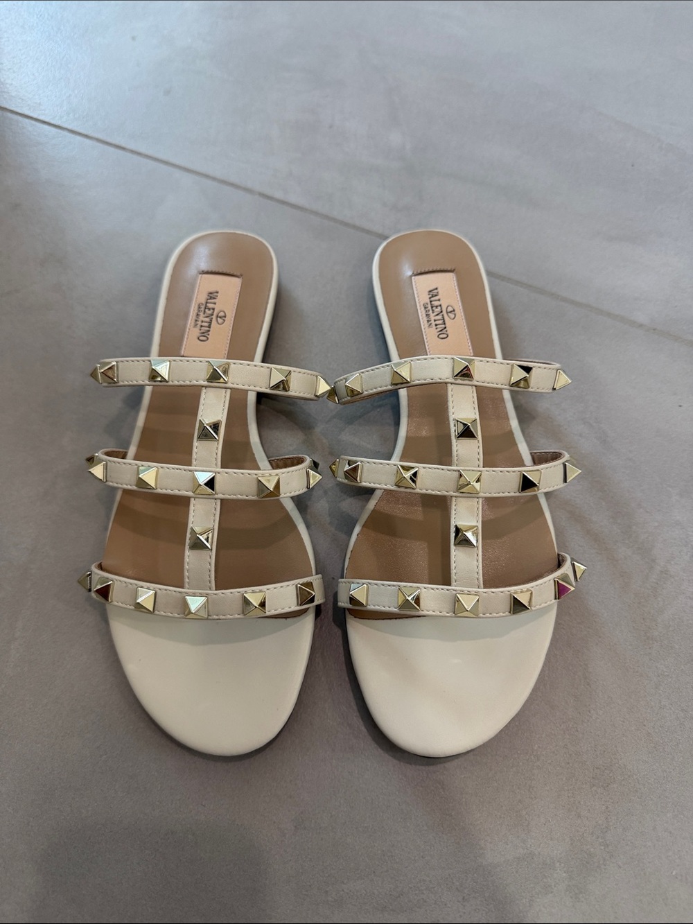 Valentino Garavani Cream Rockstud Triple-Strap Slide Sandals